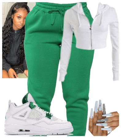 What To Wear With Green Sweatpants, Green Jogging Pants Outfit, Dark Green Joggers Outfit, Green Sweat Pants Outfits, Green Joggers Outfit Casual, Green Sweatpants Outfit, Green Joggers Outfit, Outfit Ideas With Jordans, Long White Nails