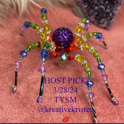 This Unique Handmade Crystal Spider Features An Array Of Colors Several Austrian Glass Crystals And Japanese Glass Cat’s Eye And Twisted Bugle Beads She Makes A Beautiful Rainbow Suncatcher Or Just A Pretty Ornament Hanging From Your Mirror Or Plants Comes Gift Boxed Size All Stretched Out Is About 5” Great Gift Idea For Birthdays / Mother’s Day Holidays / Anniversary Or Just Because Want To Save $10 Use Code: Lulusfringe When Creating Your Account Artisan Designed By The Seller Lulu @Lulusfring Fall Suncatchers, Spider Beads, Bead Creatures, Bead Spiders, Beaded Suncatchers, Beaded Wire Art, Beaded Insects, Christmas Spiders, Spider Decor