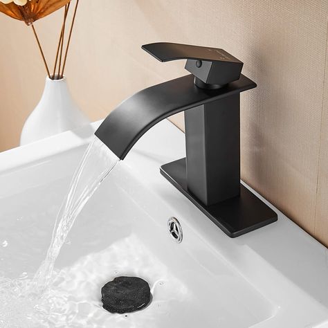 Stainless Steel Bathroom Sink, Bathroom Faucets Waterfall, Black Faucet, Single Handle Bathroom Faucet, Waterfall Faucet, Plumbing Bathroom, Single Hole Bathroom Faucet, Single Hole Faucet, Bathroom Basin