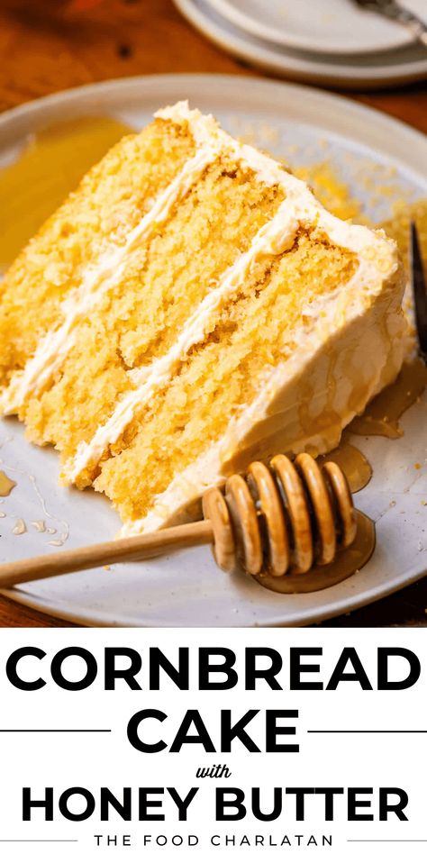 Layered Cornbread Cake with Whipped Honey Butter Frosting from The Food Charlatan. I am absolutely OBSESSED with this Cornbread Cake recipe! It's like my Cornbread Recipe and my favorite White Cake got together and had a baby. A decadent, three-layer baby, stacked together with the most butter-forward of honey buttercream frostings. I may never go back to regular ol cornbread now that I've tasted this. This is perfect for Halloween, Thanksgiving, or any time the fall baking bug hits you! Cornbread Cake Recipe, Whipped Honey Butter, Honey Buttercream, Cornbread Cake, Sweet Whipped Cream, Whipped Honey, Honey Cornbread, The Food Charlatan, Irish Butter