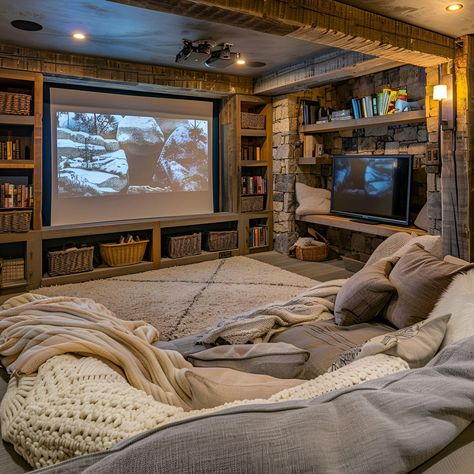 Home Theather - Size, Functionality, Uses, Furniture And Renovat Dream Tv Room, Movie Room House, Cinema Snug Room, Move Room Ideas, Cozy Room Interior, Rustic Small House Interior, Home Theater Built In, Cozy Theatre Room, Big House Interior Design