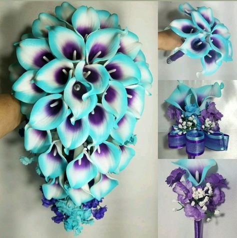 CUSTOMER SERVICE 3862435807. USA Custom Handmade. Any Color Available. Each Purchase Includes 1 Piece. 10 PIECE PACKAGE INCLUDES. 1 10"X18" Cascading Bouquet. 2 8" Bouquets. 2 Shoulder Corsage. 1 Groom Boutonniere. 4 Boutonniere Purple Turquoise Wedding, Shoulder Corsage, Bouquet Accessories, Calla Lily Bridal, Purple Calla Lilies, Bridal Wedding Bouquet, Purple Bridal Bouquet, Cascading Bouquet, Arch Decoration Wedding