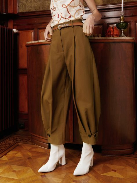 Brown Casual Collar  Fabric Plain Tapered/Carrot Embellished Non-Stretch Spring/Summer/Fall Women Bottoms Fit Trousers Outfit, Carrot Trousers, Casual Elegant Style, Carrot Pants, Trouser Outfit, Balloon Pants, Tapered Trousers, Fall Fabric, 1920s Fashion