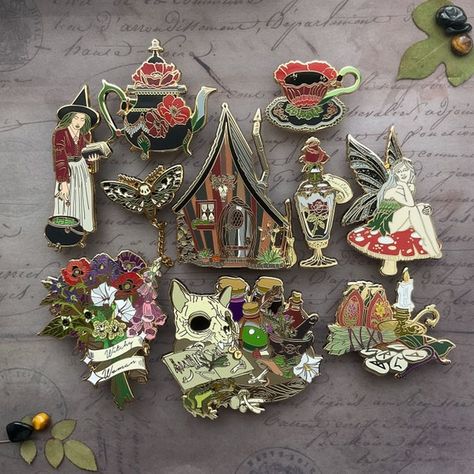 Cottage Witch Enamel Pins: BELLAS COLLECTION. Witch Fairy | Etsy Fairy Potion, 손 로고, Apothecary Halloween, Halloween Cottagecore, Witch Fairy, Pins And Brooches, Vintage Apothecary, Cottage Witch, Enamel Pin Collection