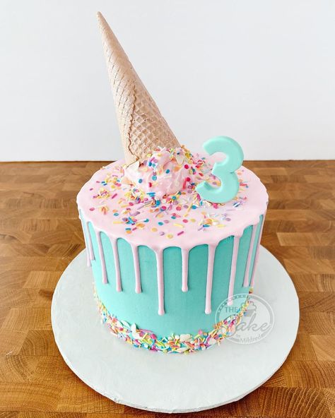 Ice Cream Drip Cake Birthday, Ice Cream Cake Designs Birthday Parties, Ice Cream Melting Cake, I’ve Cream Theme Cake, Ice Cream Cake Ideas Birthdays, Icecream Cake Diy Birthdays, Upside Down Ice Cream Cone Cake, Cake With Ice Cream Cone On Top, 3 Scoops Of Fun Birthday Cake