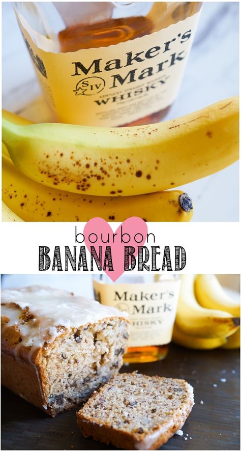 Bourbon Banana Bread - Bake at 350° Banana Bourbon Cake, Bourbon Recipes Dessert, Whisky Desserts, Recipes With Bourbon, Fruit Cake Ideas, Bourbon Desserts, Booze Cupcakes, Buttered Pecans, Whiskey Woman