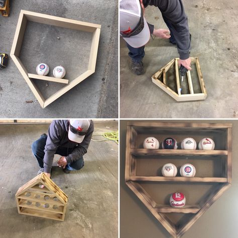 Softball Display Ideas, Baseball Room Ideas For Teen Boys, Baseball Ceiling, Teen Baseball Room, Baseball Game Ball Display, Baseball Display Ideas, Diy Baseball Shelf, Baseball Collection Display, Baseball Holder Display Diy