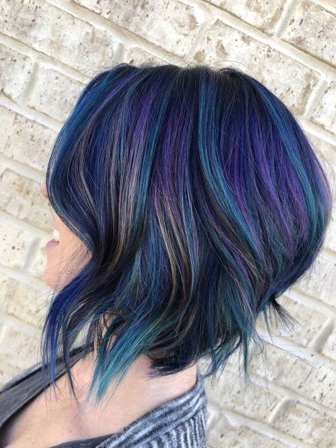 Short Hair With Purple Streaks, Blue Galaxy Hair, Short Hair Color Ideas Blue, Jewel Tone Hair Color, Galaxy Hair Color Short, Pulp Riot Hair Color Ideas, Jewel Tone Hair, Siren Hair, Oil Slick Hair Color