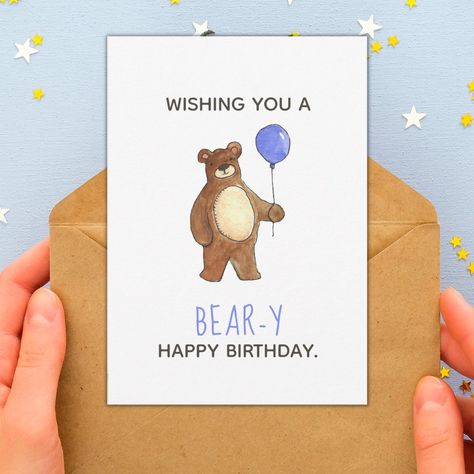 Bear Happy Birthday Flat Card | #happybirthdaycard #bear #teddybear #balloon #cute #fun #forkids #sweet #pun #funny Bear Happy Birthday, Bear Birthday Card, Birthday Card Puns, Birthday Puns, Teddy Bear Birthday, Cute Happy Birthday, Happy Birthday Brother, Blue Balloon, Pun Card