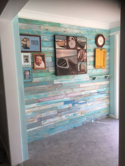 I got hold of some softwood pallets used left over paint and also my painting paints, and painted the planks, and hand planed them then used an orbital sander and glued them to the wall,everyone has gone crazy over them,and the room has taken a new Beach Shack look, exactly what I had memorized in my mind.   I painted over the rough surface first using left over pain and also mixed in some of my acrylic paints as well from my other hobby ( I paint as well ).   The planks need not be ev… Faux Wood Wall, Pallet Home Decor, Brick Fireplace Makeover, Orbital Sander, Wood Pallet Wall, Fa Fal, Pallet Wall, Wood Pallet Projects, Design Del Prodotto