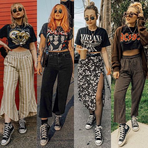 Classic high top cons and band tees🤌 Two staples that will live in my wardrobe forever ❤️ Which look is your fav? | Instagram Rock Boho Outfit, Alternative Gig Outfit, Alternative Fashion Basics, Classic Alternative Style, Alternative Mum Style, Edgy Mom Aesthetic, Summer Rock N Roll Outfits, Alternative Concert Outfit Fall, Boho Emo Outfits