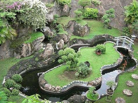 Big garden Pond Garden Ideas, Pond Garden, Small Pond, Lush Green, Koi, Garden Ideas, Lush, Bridge, Water