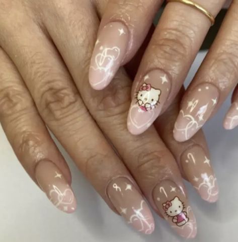 Hello Kitty Nails Art, Cat Nail Art, Acrylic Nails Almond Shape, Asian Nails, Hello Kitty Nails, Almond Nails Designs, Simple Gel Nails, Cat Nails, Soft Nails