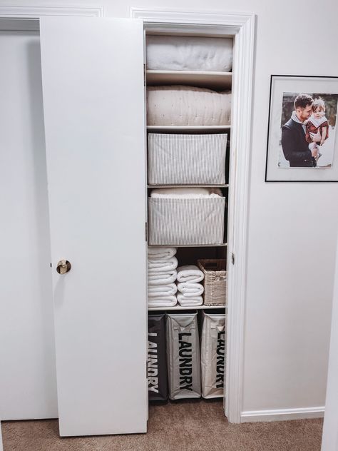 Bathroom Closet Organization Hacks Bathroom Remodel Linen Closet, Rolled Towel Storage Linen Closets, Hall Linen Closet, Open Linen Closet Hallway, Organize Linencloset, Small Linen Closet Organization, Closet Organization Hacks, Ideas For Bathrooms, What To Do When You Don’t Have A Linen Closet