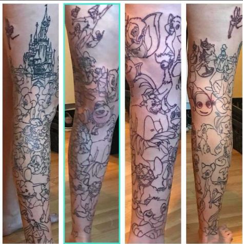 Disney Leg Sleeve, Disney Leg Sleeve Tattoo, Tattoo Ideas Disney, Leg Tattoos For Women, Disney Inspired Tattoos, Tattoos Leg, Disney Sleeve Tattoos, Disney Sleeve, Full Leg Tattoos