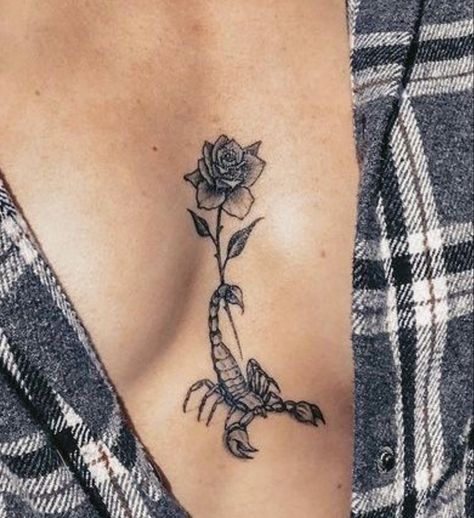 Large Scorpion Tattoo, Scorpion Woman Tattoo, Double Scorpion Tattoo, Scorpio Chest Tattoo, Scorpion And Flower Tattoo, Scorpion Sternum Tattoo, Scorpion Tattoo Feminine Scorpio, Scorpion Flower Tattoo, Feminine Scorpion Tattoo