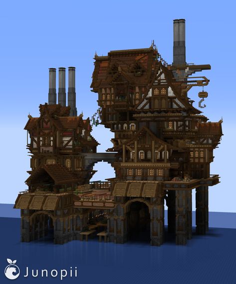 Minecraft build of a large, dark oak themed medieval structure with stacked roofs, hanging cranes, and tall chimneys. The build is located above the water with several docks below it Medieval Industrial, Mc Castle, Pirate City, Minecraft Fanart, Minecraft Farm, Minecraft Server, Minecraft Inspiration, Minecraft Stuff, Minecraft Architecture