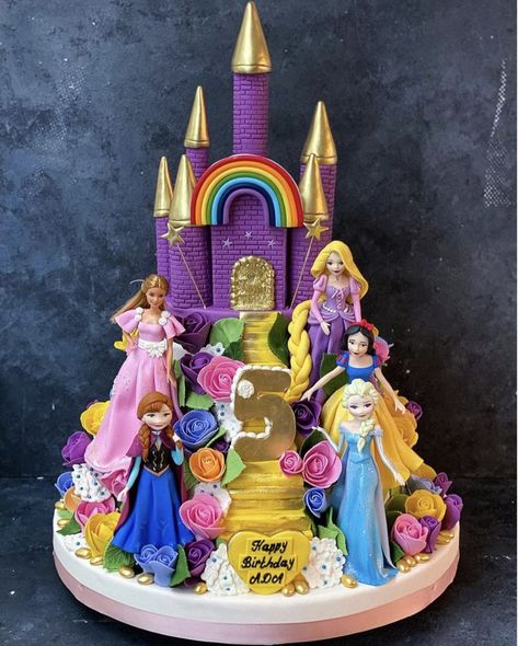 Birthday, Princesses, Disney, Tangled, Rapunzel, Snow White, Elsa, Anna, Barbie Doll Cake, Castle, Modeling, Flowers, Rainbow - @burcinbirdane Disney Princess Doll Cake, Princess Doll Cake, Cake Dummy, Cake Castle, Barbie Doll Cake, Snow White Doll, Flowers Rainbow, Disney Princess Cake, Barbie Doll Cakes