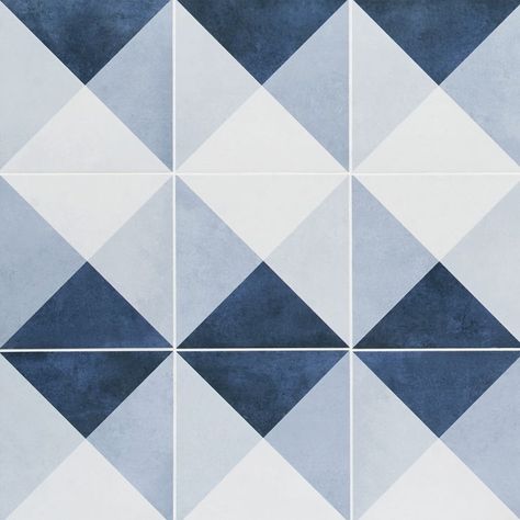 Art Geo Cement Deco Blue by Elizabeth Sutton 8x8 Matte Porcelain Tile | Tilebar.com Navy Patterned Floor Tiles Bathroom, Elizabeth Sutton Tile, Bathroom Tile Wallpaper, Blue Floor Tile Bathroom, Blue Patterned Tile, Square Tile Patterns, Blue Pattern Tile, Blue Bathroom Tiles, Blue Tile Bathroom