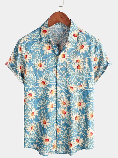 Men's Retro Beach Hawaiian Cotton Holiday Button Up Blue Short Sleeve – joliplacard Floral Pattern Shirt, Fits With Shorts, Sun Beach, Floral Print Shirt, Collar Designs, Music Festivals, Beach Travel, Retro Shirts, Outfit Casual