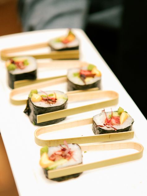 Event food, wedding food ideas, sushi, food porn Sushi Bar At Wedding, Sushi Hors D’oeuvres, Crab Stick Sushi, Sushi Chopsticks, Expensive Sushi, Sushi Rolls, Chopsticks, Cocktail Hour, Dinner Party