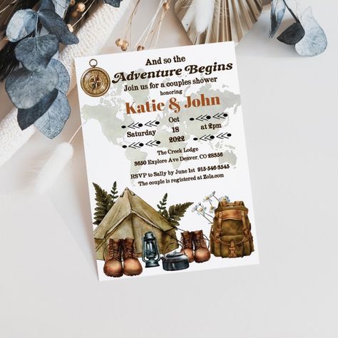 Coed Shower Ideas, Camping Birthday Invitations, Travel Inspired Wedding, Couples Shower Invitation, Travel Couples, Wedding Shower Invitation, Couples Shower Invitations, Let The Adventure Begin, Camping Birthday