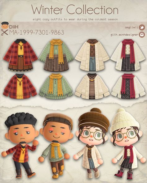 GiiH's Animal Crossing Designs on Twitter: "⛄❄ Winter Collection ❄⛄ It took me a while but I finally finished my winter collection! It has four distinct styles and a total of eight designs featuring different textures and fabrics. #ACNHDesign #AnimalCrossingDesign #AnimalCrossingNH… https://t.co/bisB3UgZPu" Acnh Winter Outfit, Animal Crossing Winter Outfits, Winter Outfits Goth, Animal Crossing Winter, Outfit Ideas Cozy, Acnh Winter, Outfits Goth, Ac Codes, Acnh Clothes