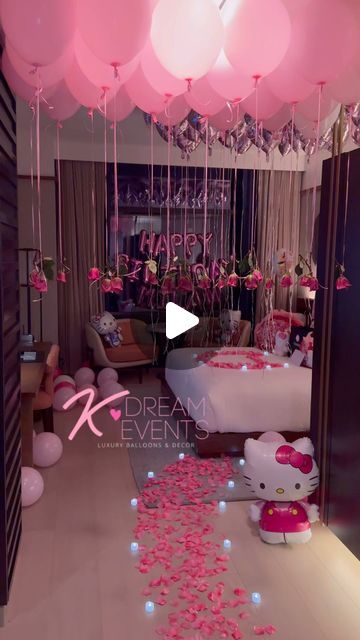 Kaitlyn Harrell on Instagram: "A Dream 🩷☁️ Happy Birthday @milanbrielle ✨  Hello Kitty themed birthday room for the beautiful birthday girl. Contact us today to book your next luxury birthday surprise!  Bouquet: @kdreamevents_ 🩷 #romanticbirthday #atlantadecor #hellokitty #birthday #birthdaydecor #hoteldecor #hellokittybirthday" Ideas For Surprise Birthday Party, Hotel Birthday Decorations For Her, Hotel Decorations For Girlfriend, Birthday Room Decorations Surprise Girl, Birthday Room Surprise For Girlfriend, Birthday Room Ideas, Birthday Bedroom Surprise, Happy Birthday Hotel Room Decor, Hotel Room Birthday Decoration