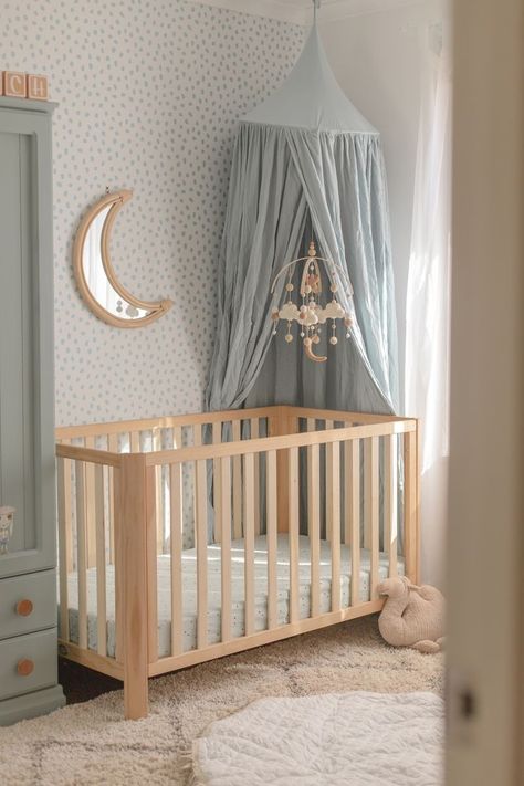 Dreams Nursery Theme, Clouds Nursery Decor, Nursery Ideas Cloud Theme, Moon And Clouds Nursery, Moon And Cloud Nursery, Nursery Themes Simple, Star And Cloud Nursery, Simple Cozy Nursery, Stars Theme Nursery