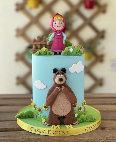 Masha N Bear Cake, Masha And The Bear Cake Design, Masha Theme Cake, Third Birthday Cake Ideas, Marsha And Bear Cake, Birthday Cake Masha And The Bear, Cartoon Theme Cake For Boys, Children Cake Design, Masha Cake Birthday