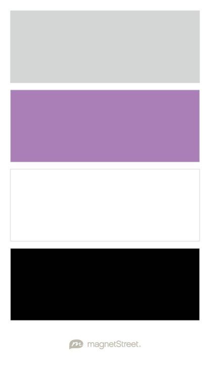 Matte Silver, Amethyst, White, and Black Wedding Color Palette - custom color palette created at MagnetStreet.com Purple Silver White Color Palette, Black White Lavender Color Palette, Lilac And Black Color Palette, Amethyst Palette, Purple Website Design Colour Palettes, Custom Refrigerator, Magnetic Calendar, Save The Date Magnets, Wedding Color Palette