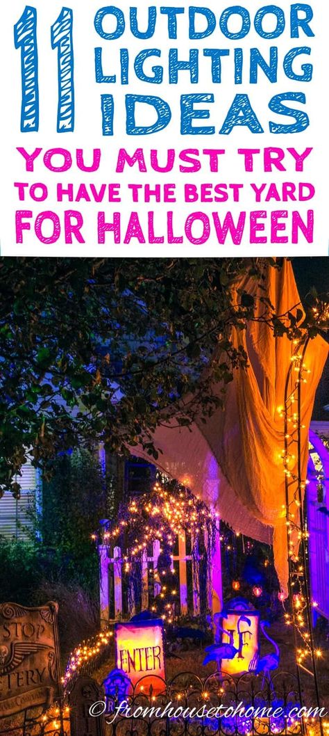 These Halloween outdoor decor ideas are AWESOME!! I'm definitely going to have the best front yard Halloween lighting in the neighborhood using these ideas. #entertainingdiva #halloween #halloweendecorations #halloweenlighting #halloweenoutdoordecor #halloweenoutdoorlighting #halloween Graveyard Decorations, Front Yard Halloween, Spooky Outdoor Halloween Decor, Halloween Lighting, Halloween Lighting Outdoor, Halloween Haunted House Decorations, Outdoor Lighting Ideas, Outdoor Halloween Decorations, Yard Diy