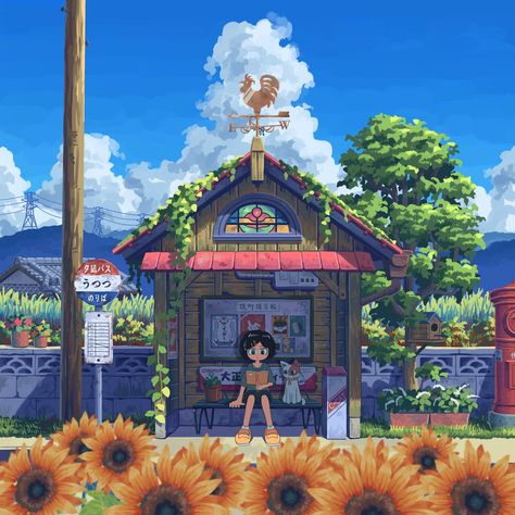 ArtStation - Bus stop and weathervane, ゐたみ itami Bus Cartoon, Animation Illustration, Aqua Wedding, Pixel Art Tutorial, Cartoon Animation Drawing, Graphic Design Photoshop, Anime Pixel Art, Animated Love Images, Sunflower Painting