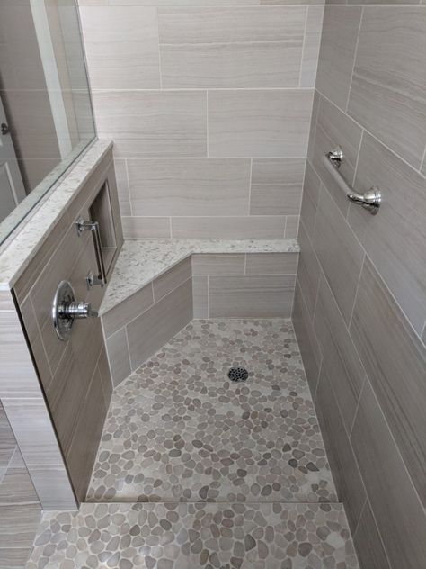 Beachy Shower Tile Ideas, 12 X 24 Shower Tile, 12 X 24 Tile Bathroom Shower Walls, Pebble Tile Shower Ideas, Pebble Floor Shower Ideas, Pebble Floor Shower, 12x24 Shower Wall Tile, Pebble Tile Shower Floor, Tile Shower Floor