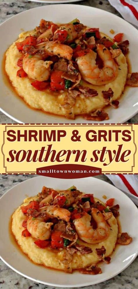 Give this southern-style dinner idea a try! These Cajun Shrimp and Grits are sure to become one of your favorites. Served over creamy, cheesy grits, this easy main dish will leave you wanting more! Grits And Shrimp Recipes Easy, Gourmet Shrimp And Grits, Good Southern Meals Dinners, Gravy For Shrimp And Grits, Pioneer Woman Shrimp And Grits, Savory Shrimp And Grits, Salmon Patties And Grits, Paula Deen Shrimp And Grits Recipe, Shrimp And Grit Cakes Recipe