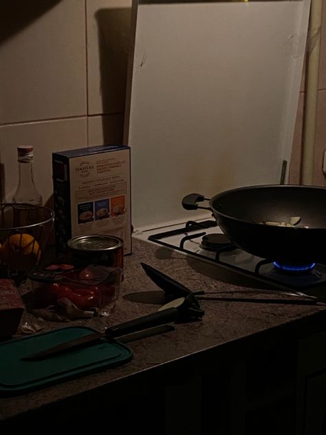 Dark kitchen, kitchen, kitchen aesthetic, aesthetic, dinner, cooking, dark kitchen Cooking At Night, Food At Night, Late Night Cooking, Baking At Night Aesthetic, Night Snacks Aesthetic, Late Night Baking, Cooking At Home Aesthetic Night, Cooking At Night Aesthetic, Staying Up Late Aesthetic