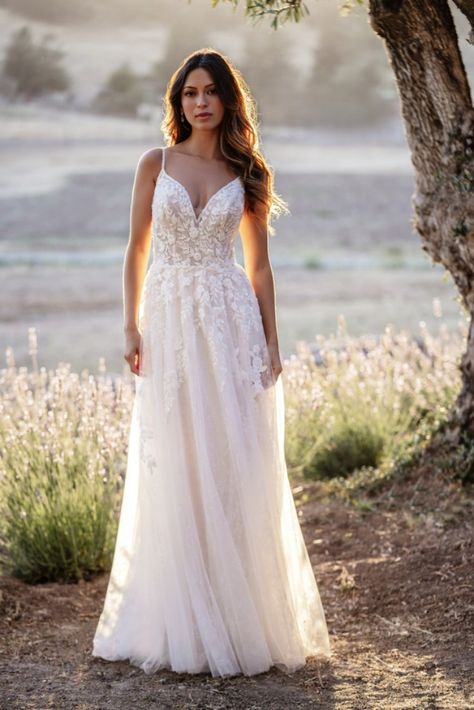 Sweet simplicity takes the form of floral glitter tulle, soft chiffon and sequined appliqués for a dash of sparkle. Romance Wedding Dress, Wedding Dresses Styles, Allure Romance, Beaded Wedding Dresses, Wedding Dress Boutique, Ballgown Wedding Dresses, Best Wedding Dress, Wedding Dresses A, Wedding Dresses A Line