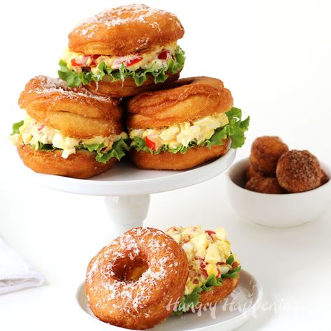 You'll never serve egg salad on white bread again, once you try this Donut BLT Egg Salad Strangewich. This unusual sandwich is even better than it looks. Donut Sandwich Ideas, Doughnut Sandwich, Donut Sandwich, Biscuit Donuts, Bread To Make, Best Egg Salad Recipe, Anime Foods, Brunch Items, Doughnut Shop