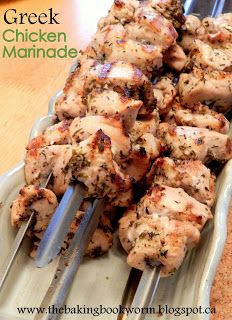 The Baking Bookworm: Greek Chicken Marinade Souvlaki Skewers, Souvlaki Recipe, Greek Chicken Marinade, Fruit Kebabs, Chicken Souvlaki, Chicken Marinade, Greek Chicken, Chicken Skewers, Chicken Marinades