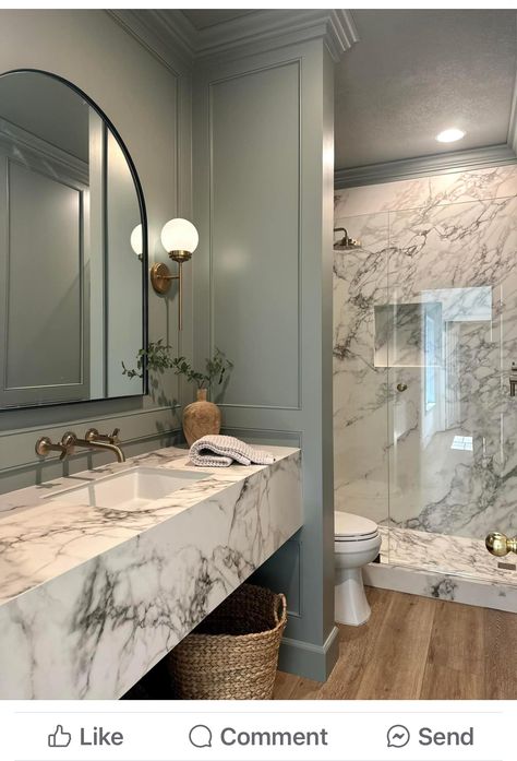 Vanity Separate From Bathroom, Becky Owens Design Bathroom, Moody Full Bathroom, White Marble Bathroom With Black Accents, Jillian Harris Bathroom, Lux Master Bath, Black Marble Shower Bathroom, Vanity Area In Bathroom, Transitional Powder Bath