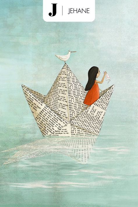 Origami boat dream Childrens Book Cover, Sea Drawing, Boat Illustration, Book Art Projects, Origami Boat, Portfolio Art, Astronaut Wallpaper, Gym Art, Lighthouse Art