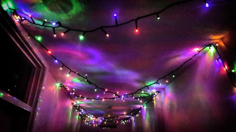 Christmas Lights Room Aesthetic, Colorful String Lights, Christmas Light Room Decor, Colorful Lights Aesthetic, Paper Napkin Folding Ideas Easy, Napkins Folding Ideas, Christmas Lights In The Bedroom, Christmas Lights In Room, Rainbow Christmas Lights