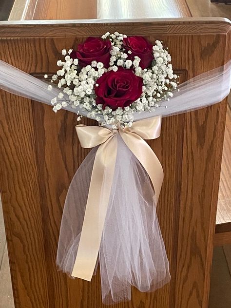 Hallway Wedding Decorations, Burgundy Wedding Aisle Decorations, Quince Church Decorations, Christmas Wedding Pew Decorations, Christmas Wedding Church Decor, Red Roses Wedding Decor Wedding Ceremony Decor, Simple Wedding Church Decorations, Wedding Pew Decor, Church Aisle Decorations Wedding