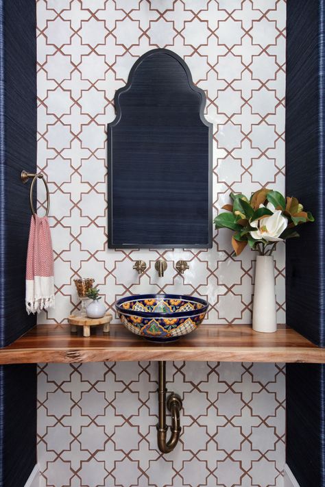 18 Stunning Mediterranean Powder Room Designs For Your Guest Bathroom Moroccan Powder Room Ideas, Grecian Bathroom Decor, Mediterranean Half Bathroom, Spanish Modern Powder Room, Spanish Powder Bathroom, Bohemian Powder Room, Spanish Style Powder Room, Powder Room With Toilet, Modern Hacienda Bathroom