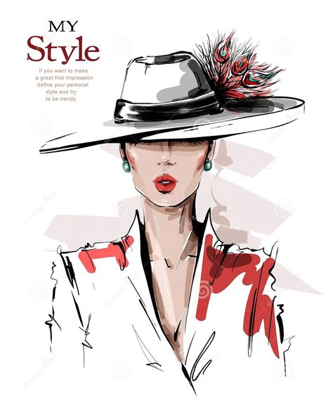 Drawing Hats, Woman In Hat, Fashion Illustration Face, Makeup Illustration, Fashion Illustration Collage, Fashion Figure Drawing, Woman Sketch, Elegant Girl, Woman Illustration