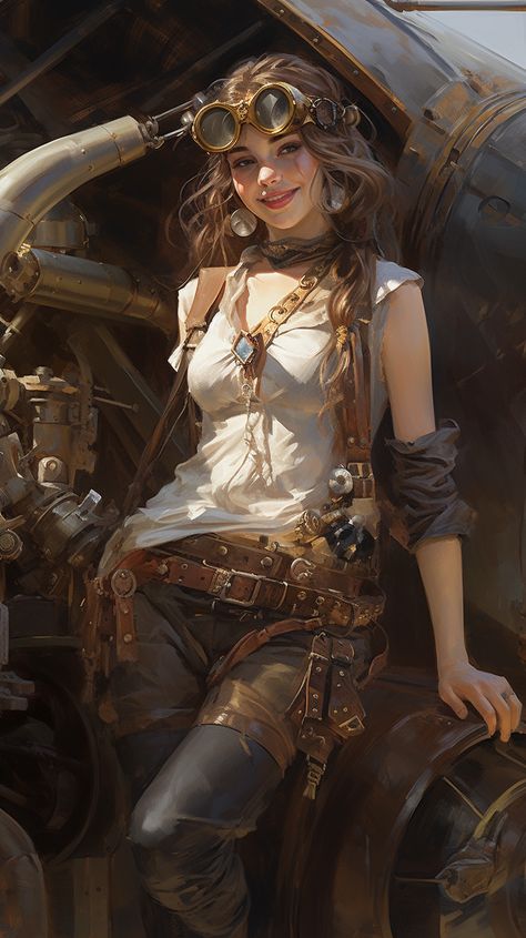 Steampunk Doctor Female, Steampunk Vampire Art, Mechanic Fantasy Art, Time Traveler Concept Art, Vintage Pilot Aesthetic, Steampunk Armor Female, Dieselpunk Aesthetic Outfit, Steampunk Oc Art, Inventor Aesthetic Outfit