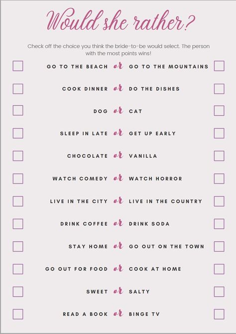 Would She Rather, Bridal Shower Game, Getting Up Early, Game Printable, Cook At Home, Cat Sleeping, Dec 7, Bridal Shower Games, Cooking Dinner