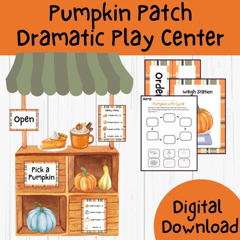 Transform your dramatic play center into a fun Montessori inspired pumpkin patch and bakery with this instant download! Your child will spend hours pretending to pick pumpkins and create yummy treats in their play kitchen. As the children play, they will learn cognitive, social, language, math, writing skills, and more! In addition to the dramatic play set, this PDF printable includes multiple worksheets to keep the fun, and learning, going all day long!  Please note that this is an INSTANT DIGI Pumpkin Patch Preschool Dramatic Play, Pumpkin Patch Dramatic Play, Dramatic Play Printables, Fall Lesson Plans, Pumpkin Life Cycle, Basket Labels, Pumpkin Decorating Contest, Dramatic Play Preschool, Pumpkin Activities