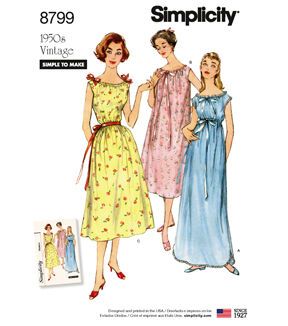 Sleep in style wearing vintage 1950s sleeveless nightgowns that are simple to sew using the Simplicity Pattern 8799 Misses' Vintage Nightgowns - Size A (XS - S - M - L - XL). The neck edge in this pattern features a casing gathered with a ribbon drawstring that ties into a bow. Tie and lace edging or optional waist casing add feminine details.Brand: SimplicitySize: A (XS - S - M - L - XL)