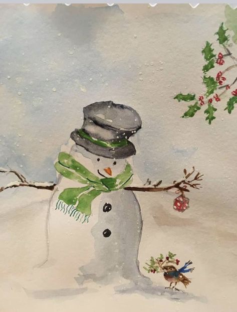 Water Colored Christmas Cards, Christmas Watercolor Step By Step, Watercolour Cards Christmas, Christmas Card Watercolor Ideas Easy, Holiday Watercolor Ideas, Watercolor Art For Beginners Christmas, Christmas Card Ideas Watercolour, Simple Christmas Watercolor Ideas, Christmas Snowman Drawing